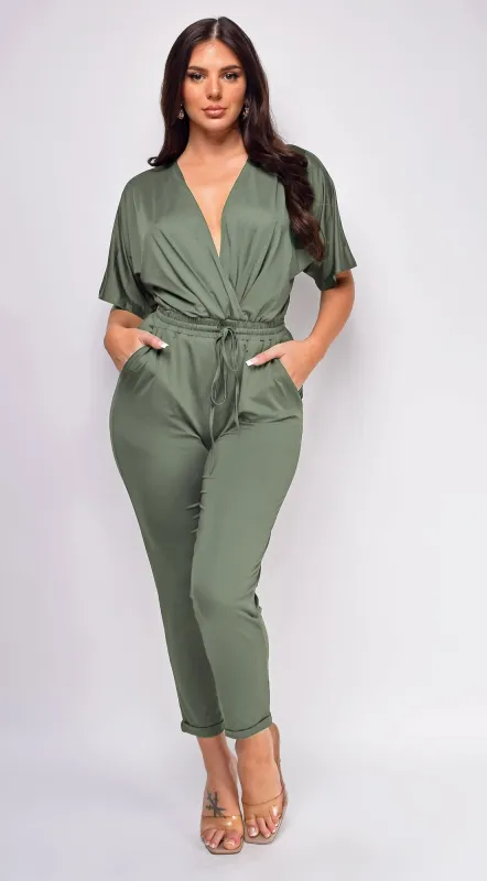 Lia Olive Green V Neck Jumpsuit sold by Emprada