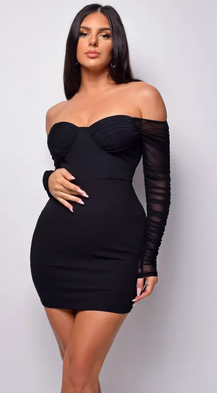 Yasna Black Mesh Ruched Sleeve Mini Dress sold by Emprada