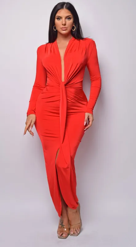 Celeste Bright Red V Plunge Drape Dress sold by Emprada