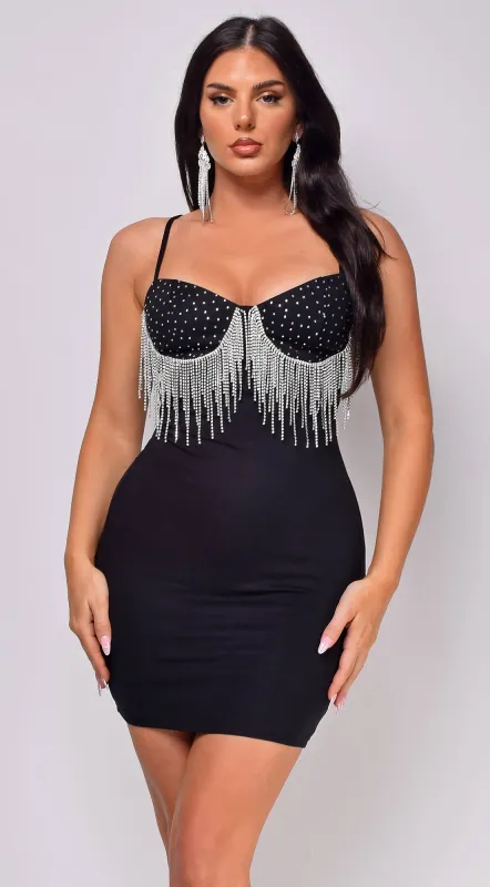 Electra Black Rhinestone Fringe Mini Dress sold by Emprada
