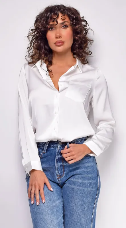 Braylee Satin Button Down Blouse Top - White made by Emprada