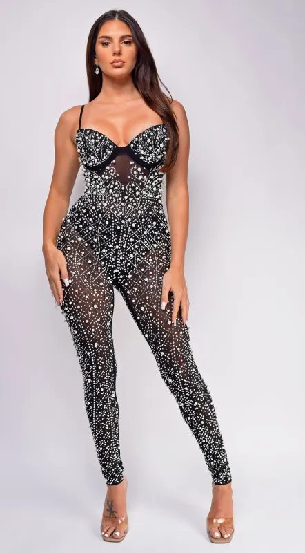 Neliah Black Pearl Studded Jumpsuit sold by Emprada