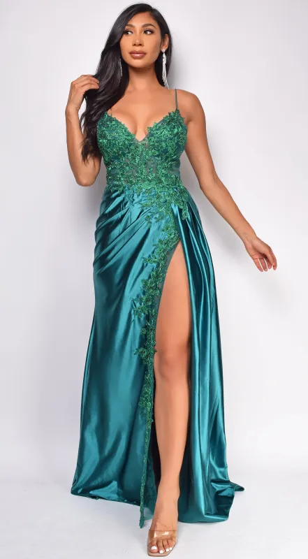 Thea Emerald Green Sequin Lace Detail Gown sold by Emprada