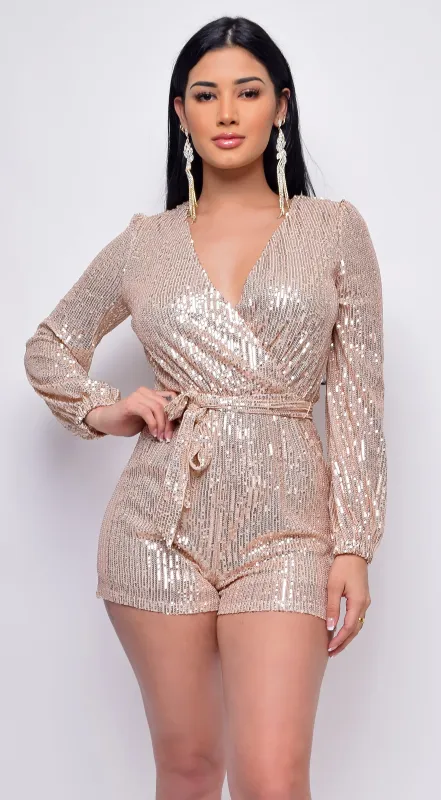 Tempo Rose Gold Sequin Long Sleeve Belted Romper sold by Emprada