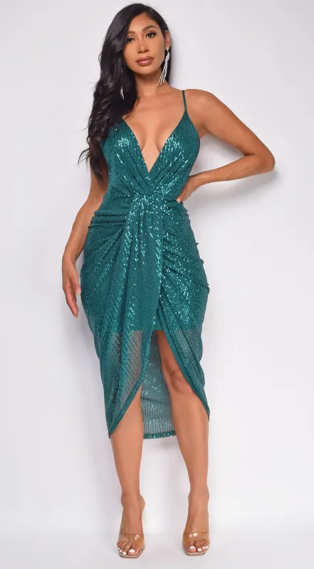 Seine Hunter Green Sequin Midi Dress sold by Emprada