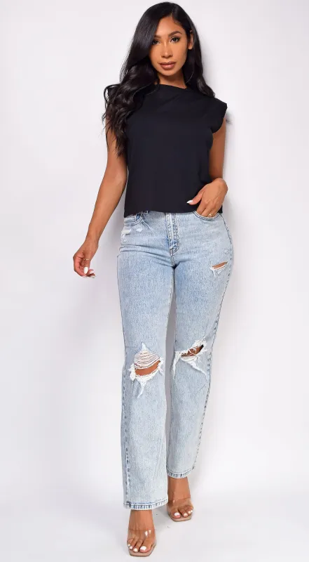 Evalina Light Wash Distressed Straight Leg Denim Jeans sold by Emprada