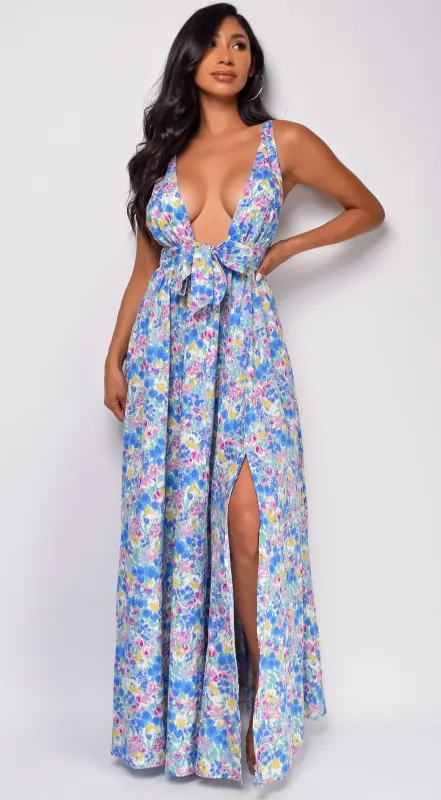 Maylah Blue Floral Print Maxi Dress sold by Emprada