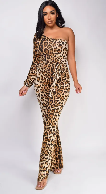 Zorina Brown One Sleeve Leopard Print Jumpsuit sold by Emprada