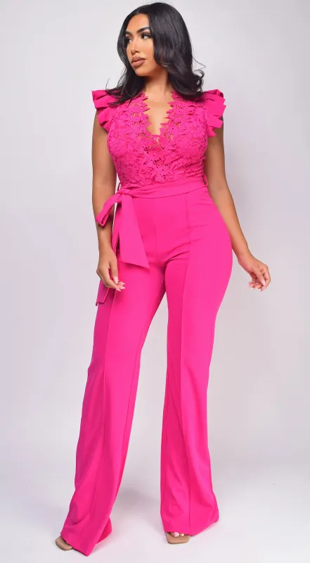 Giulia Fuchsia Pink Lace Crochet Jumpsuit sold by Emprada