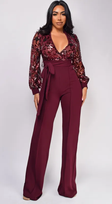 Eve Wine Red Sequin Jumpsuit sold by Emprada