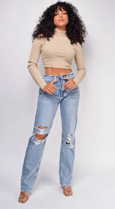 Rema Blue Knee Distressed Straight Leg Jeans sold by Emprada