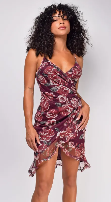 Maxine Burgundy Red Floral Print Wrap Midi Dress sold by Emprada