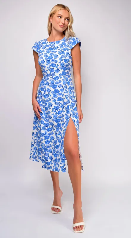 Zahra Blue Ivory Floral Print Side Slit Midi Dress sold by Emprada