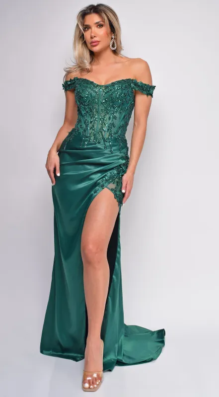 Nalini Green Lace Embellished Satin Gown sold by Emprada