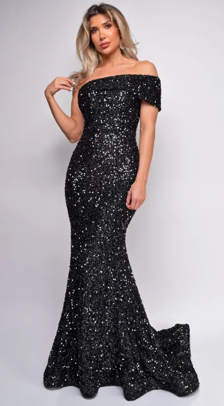 Elena Black One Shoulder Sequin Gown sold by Emprada