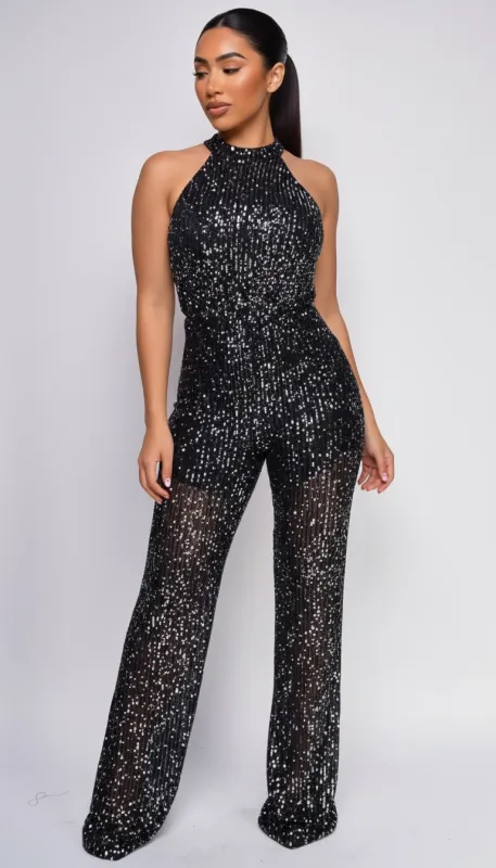 Kallan Black Mock Neck Sequin Jumpsuit sold by Emprada