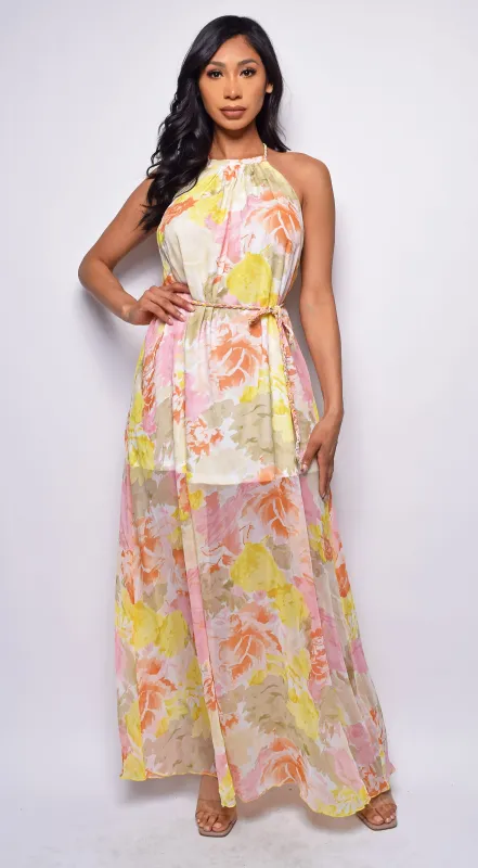 Topaz White Yellow Multi Color Floral Print Maxi Dress sold by Emprada