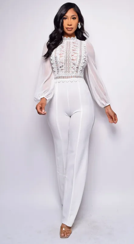 Nerine Crochet Lace Mesh Jumpsuit - White sold by Emprada