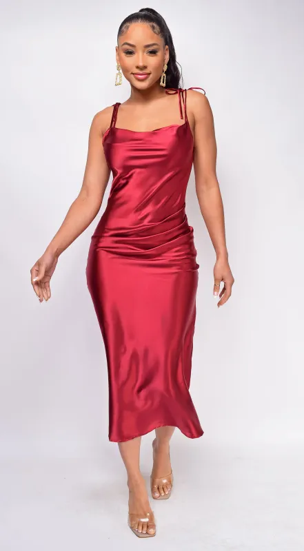 Lavinia Burgundy Red Satin Midi Dress sold by Emprada