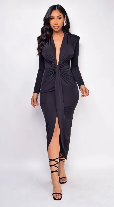 Brielle Black Deep Plunge Front Knot Dress sold by Emprada
