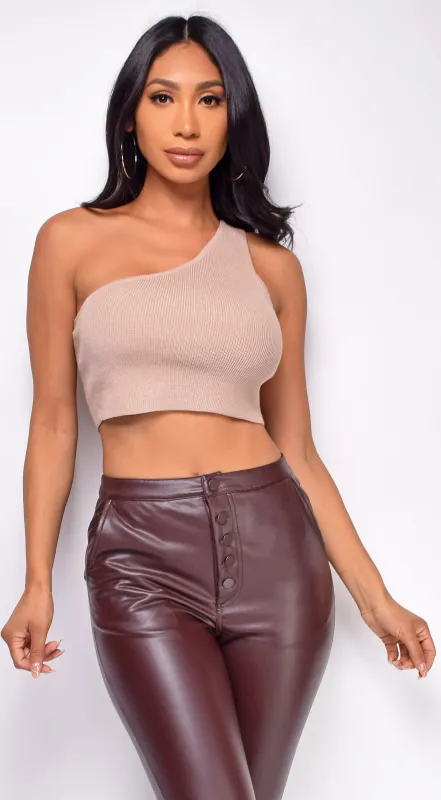 Ira Beige One Shoulder Knit Top sold by Emprada