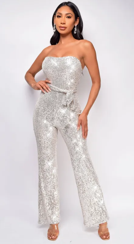 Savia Silver Belted Jumpsuit sold by Emprada