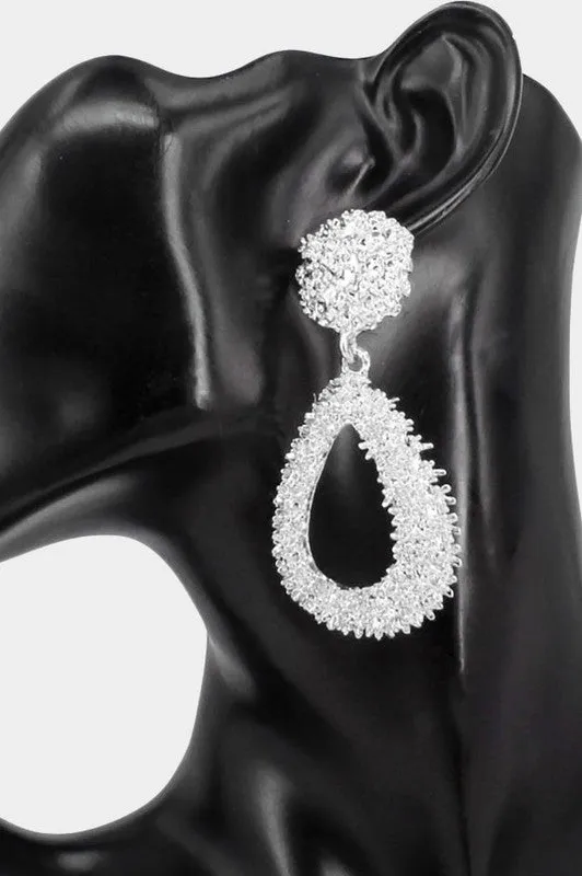 Silver Textured Open Teardrop Dangle Earrings made by Emprada