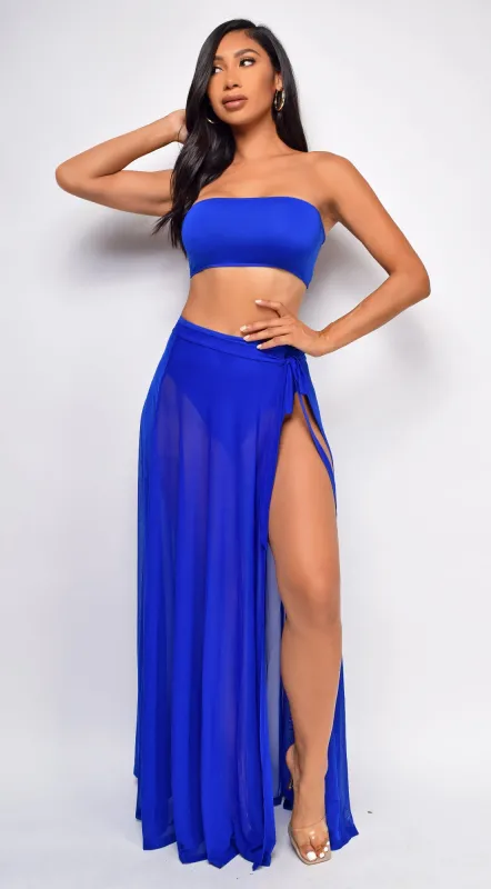 Skyros Royal Blue Mesh Maxi Wrap Cover-up Skirt sold by Emprada