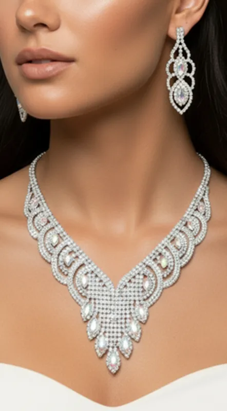 Marquise Silver Stone Accented Rhinestone Aurora Borealis Necklace & Earrings Set sold by Emprada