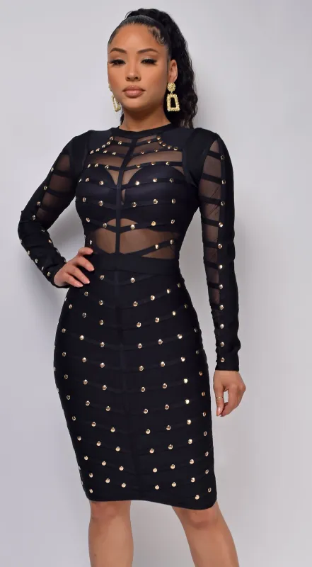 Mio Black Studded Mesh Bandage Dress sold by Emprada