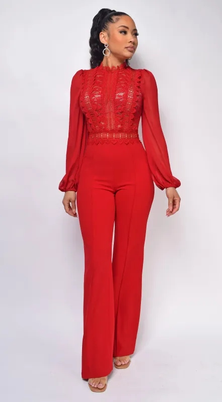 Nerine Crochet Lace Mesh Jumpsuit - Red sold by Emprada