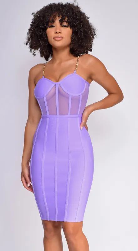 Lorelei Purple Bandage Bustier Mesh Midi dress sold by Emprada