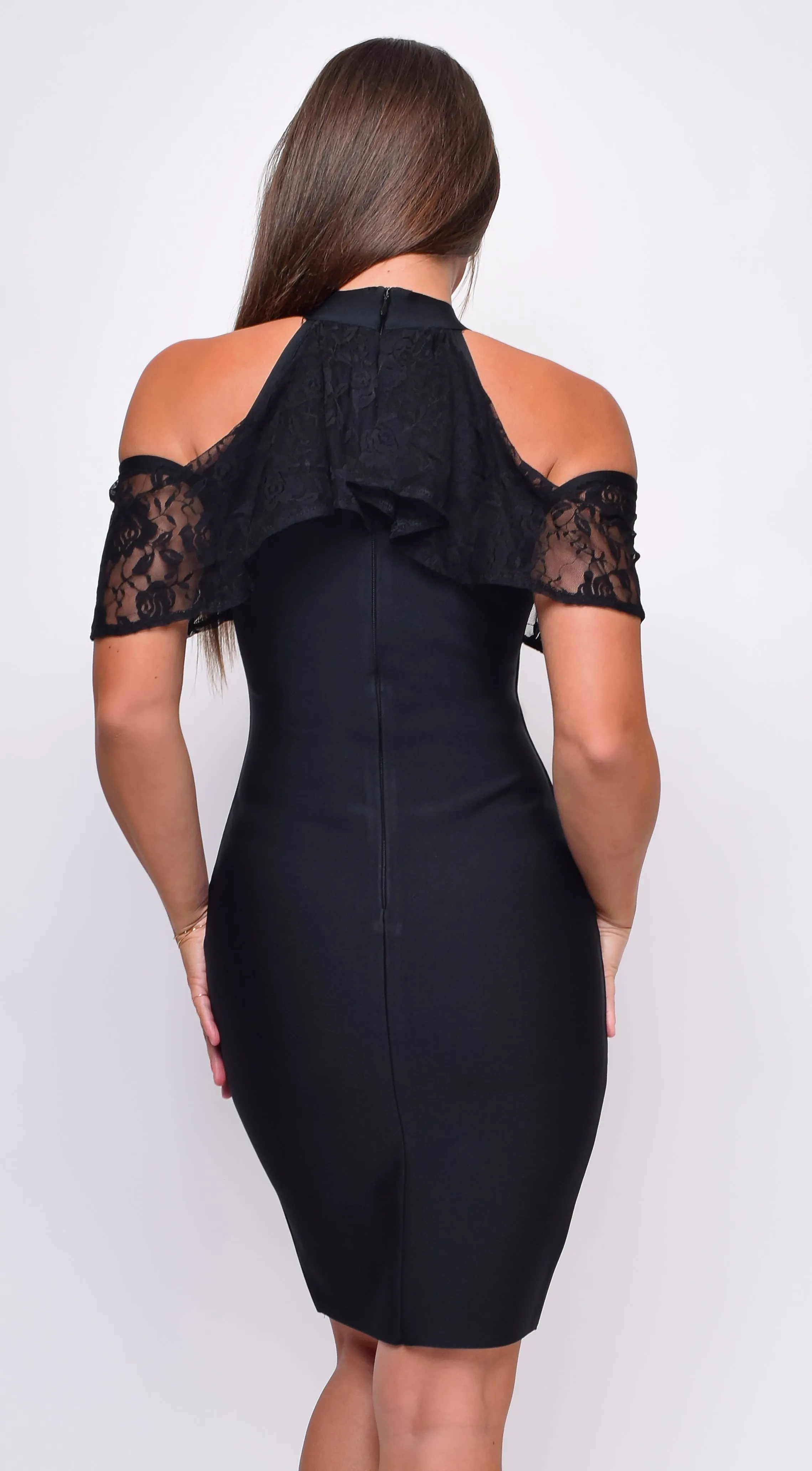 Evenia Black Mock Neck Lace Ruffle Open Shoulder Bandage Midi Dress sold by Emprada product image thumbnail 2