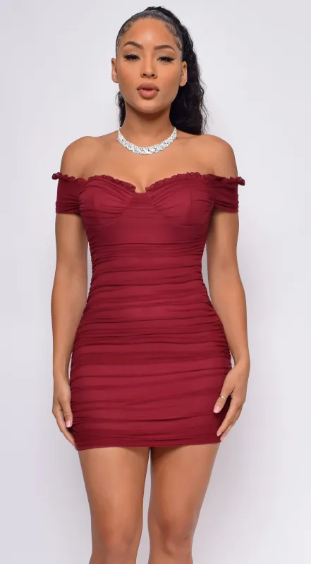 Never Again Wine Red Off Shoulder Ruched Dress sold by Emprada