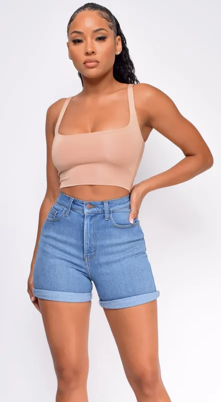 Chase Blue High Rise Cuffed Hem Shorts sold by Emprada