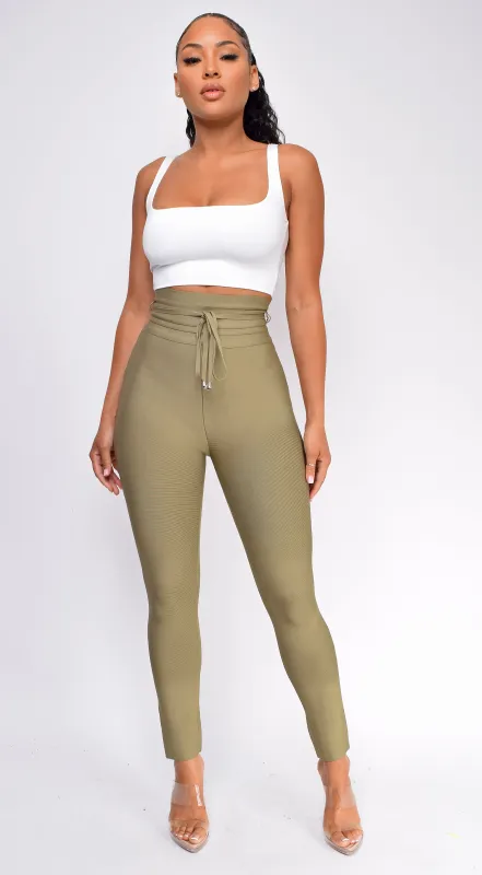 Hara Olive Green High Waist Belted Bandage Pants sold by Emprada