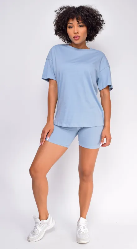 Oversized Blue T-Shirt And Biker Short Two Piece Set sold by Emprada