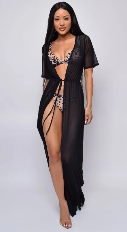 Milos Black Mesh Drawstring Open Front Cover-up Dress sold by Emprada