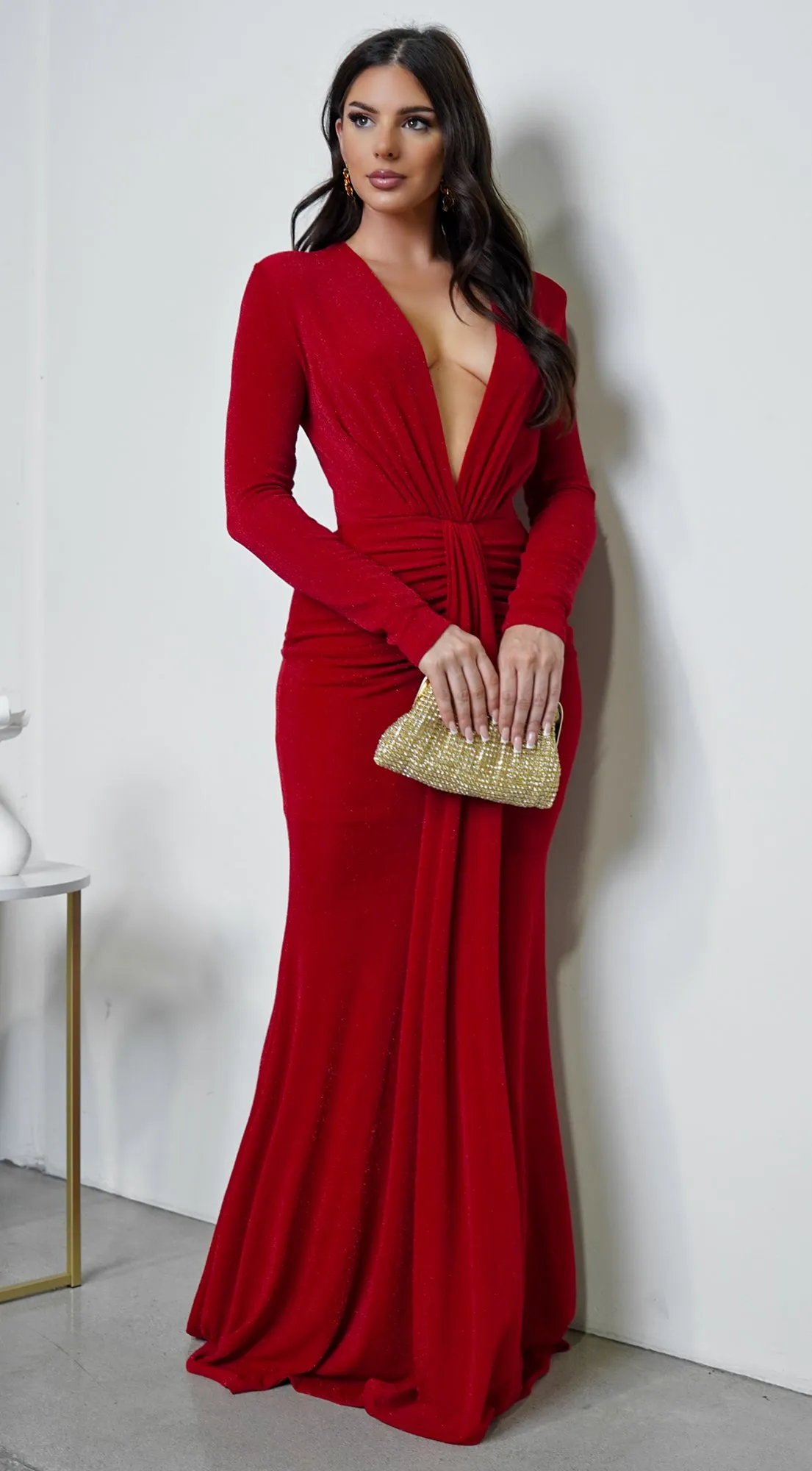 Leilani Metallic Ruched Deep V Maxi Dress - Red sold by Emprada product image thumbnail 4