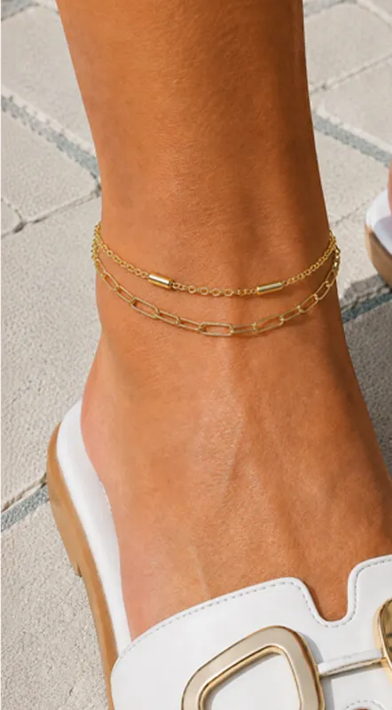 Paperclip Chain Gold Dipped Layered Anklet - Gold made by Emprada