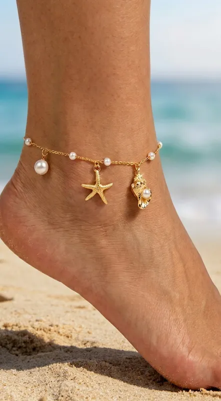 Ocean Starfish Shell Charm Beach Anklet - Gold made by Emprada