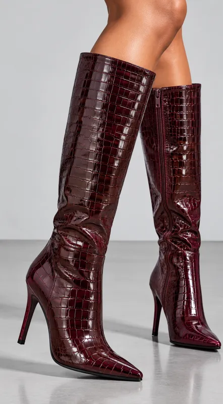Renny Stiletto Knee High Croc Boots - Burgundy made by Emprada