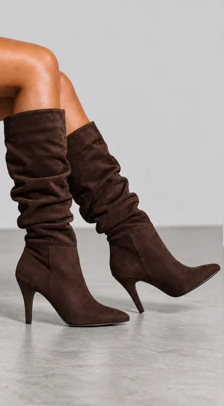 Camilla Ruched Faux Suede Knee High Boots - Brown made by Emprada