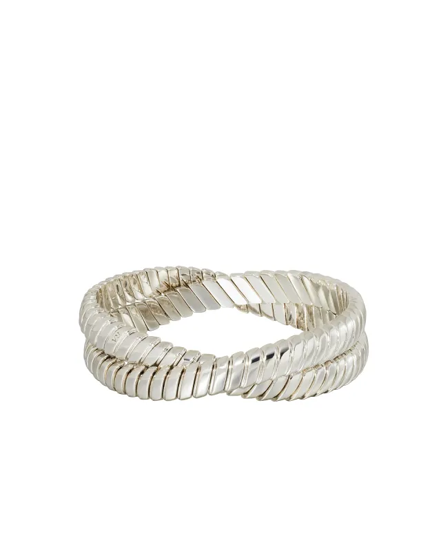 The Double Cobra Bracelet in Silver sold by Roxanne Assoulin