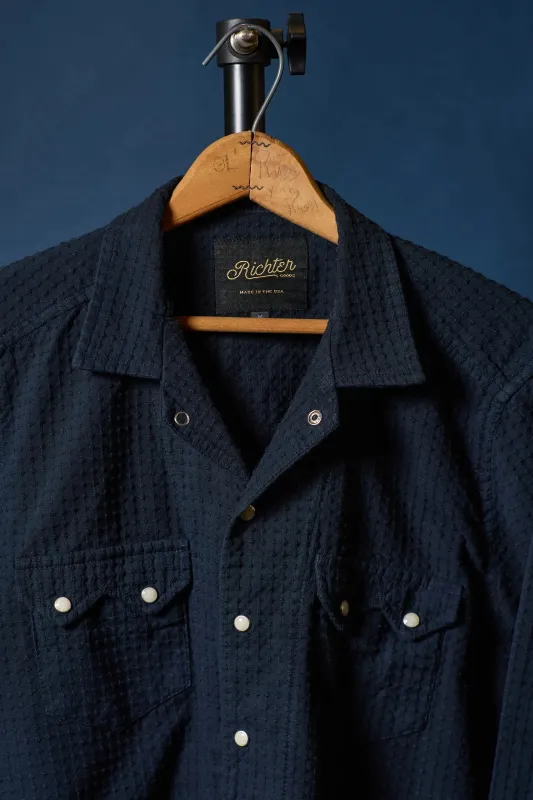 Bishop Open Collar Dobby in Midnight Blue sold by Richter Goods