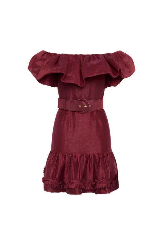 Bordeaux Off Shoulder Mini Dress made by Rebecca Vallance