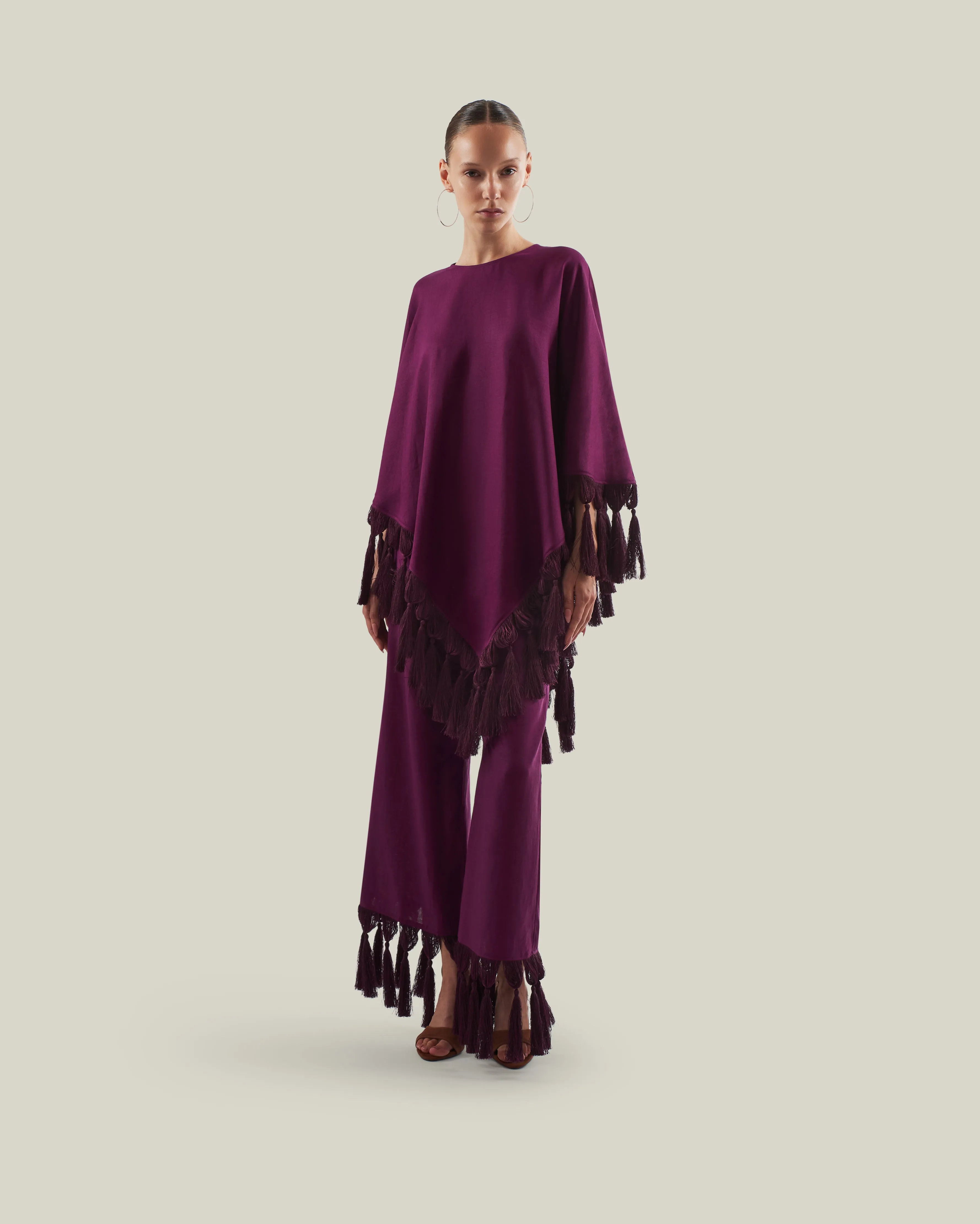 Marlino Fringed Pants in Plum sold by Taller Marmo