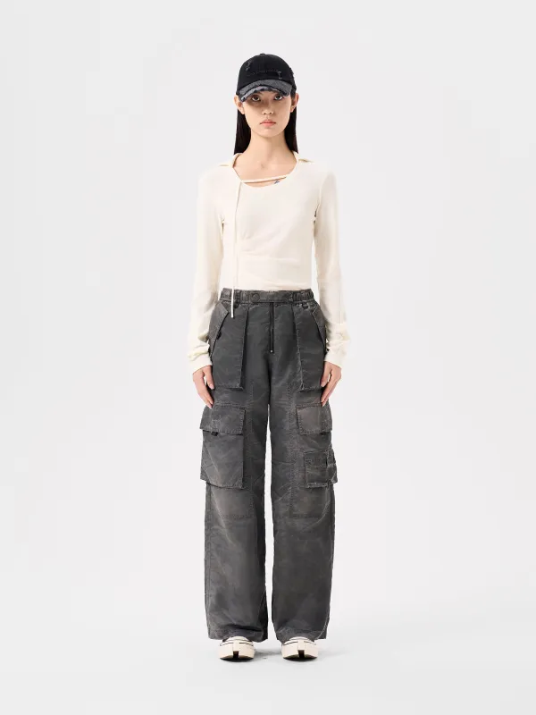 GREY SANDWASHED NYLON UTILITY PANTS made by Feng Chen Wang