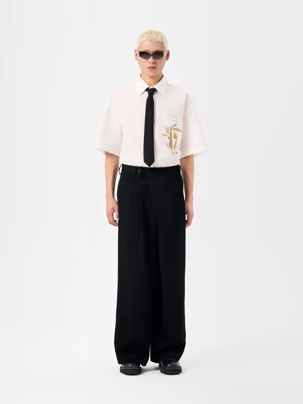 ASYMMETRIC PLACKET WOOL WIDE-LEG TROUSERS made by Feng Chen Wang