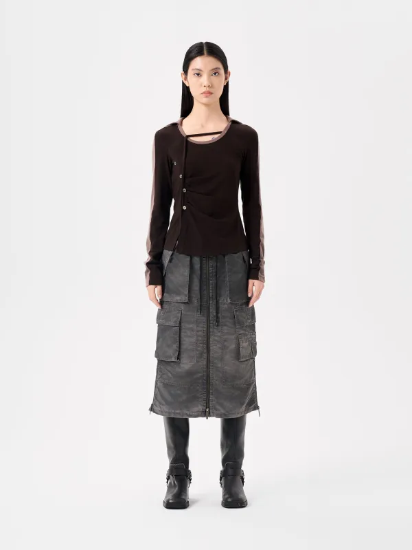 BROWN PANELLED CREW NECK LONG SLEEVE TOP made by Feng Chen Wang